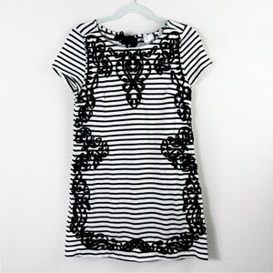Anthropologie Postmark Black & White Striped Lace Tunic Dress tie back sz S